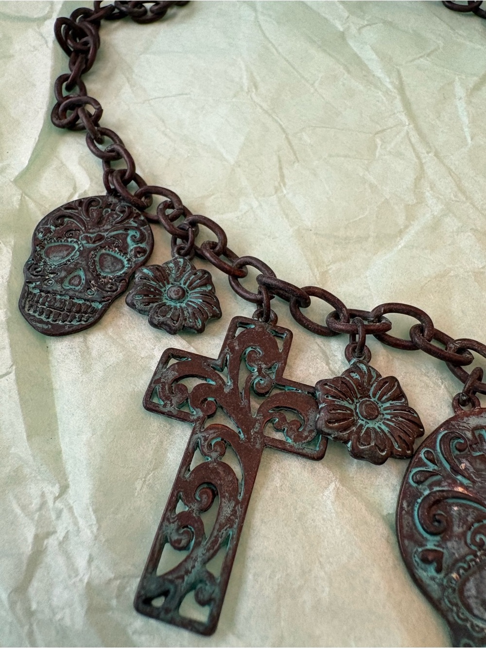 Patina Skull & Cross Charm Necklace - Decorative Teal Accent - Picture 5 of 5